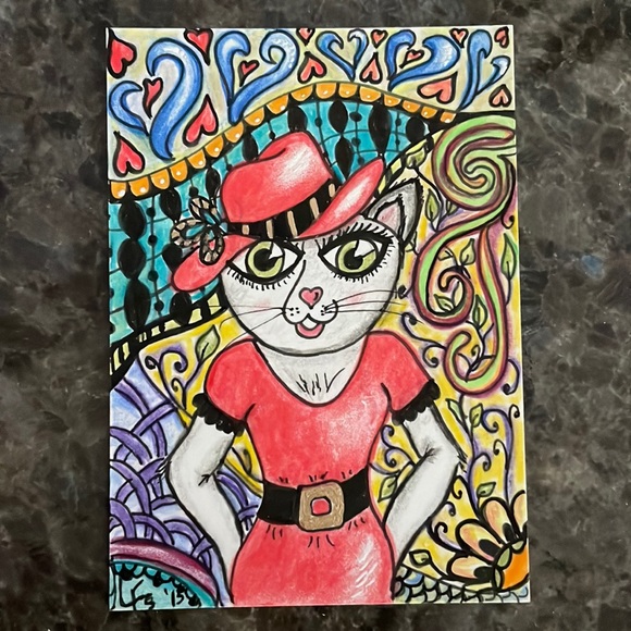ACEO Collectible Original Painting “Posh Paws in a Red Dress” Colored Pencil - Picture 2 of 2